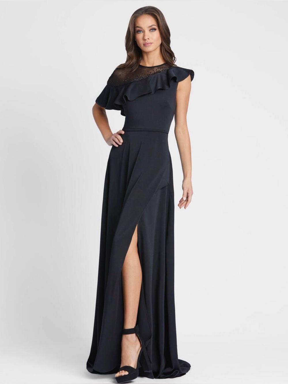 IEENA FOR MAC DUGGAL NWT 55317I Black asymmetric jeweled illusion  neckline gown